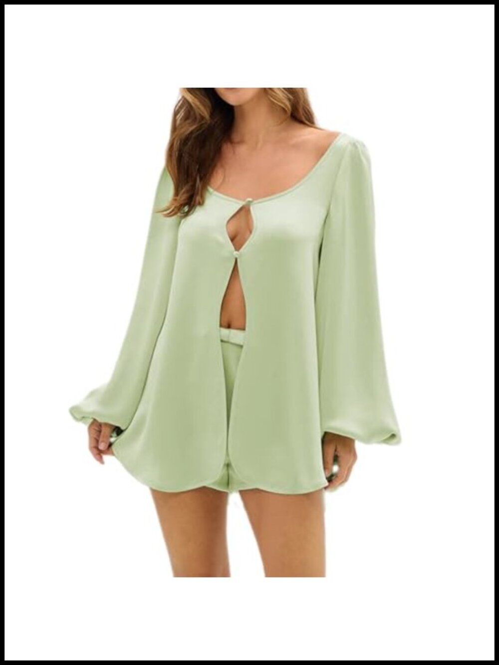 Satin Pajama Set Women Puff Long Sleeve Button Shirt Shorts 2 Piece Lounge